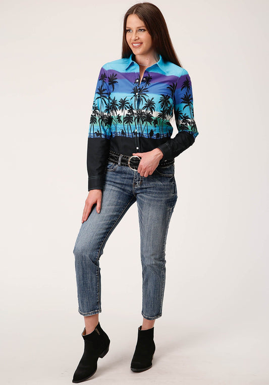 Roper Womens Long Sleeve Snap Beach Roundup Border Western Shirt - Roper
