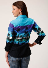 Roper Womens Long Sleeve Snap Beach Roundup Border Western Shirt - Roper