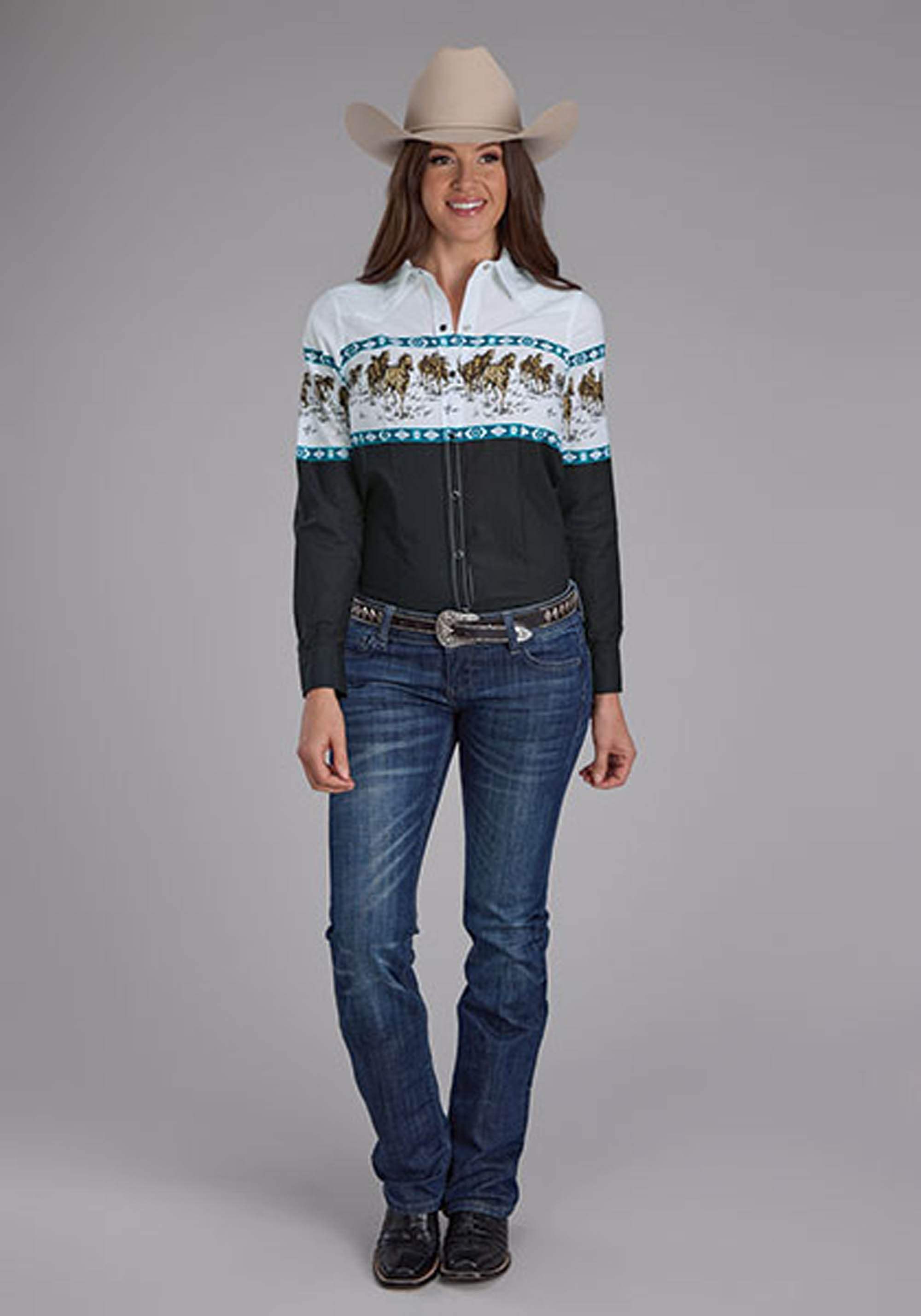 Roper Womens Running Horse Border Long Sleeve Snap Western Shirt - Roper - Flyclothing LLC