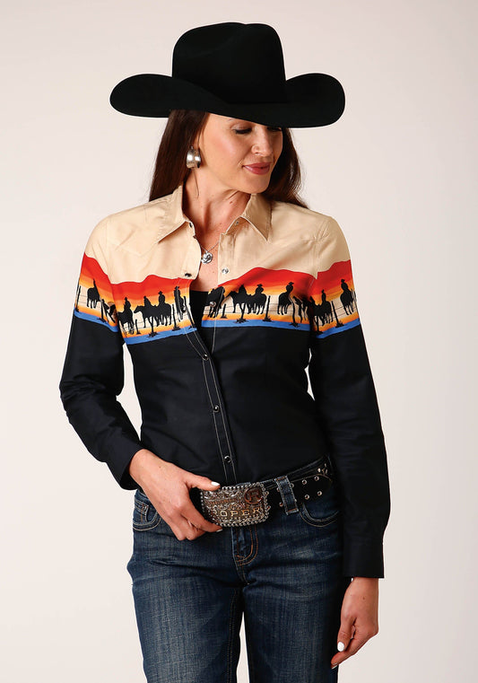 Roper Womens Long Sleeve Snap Days End Scenic Border Western Shirt - Roper