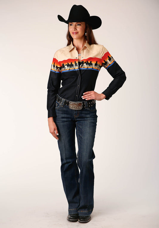 Roper Womens Long Sleeve Snap Days End Scenic Border Western Shirt - Roper