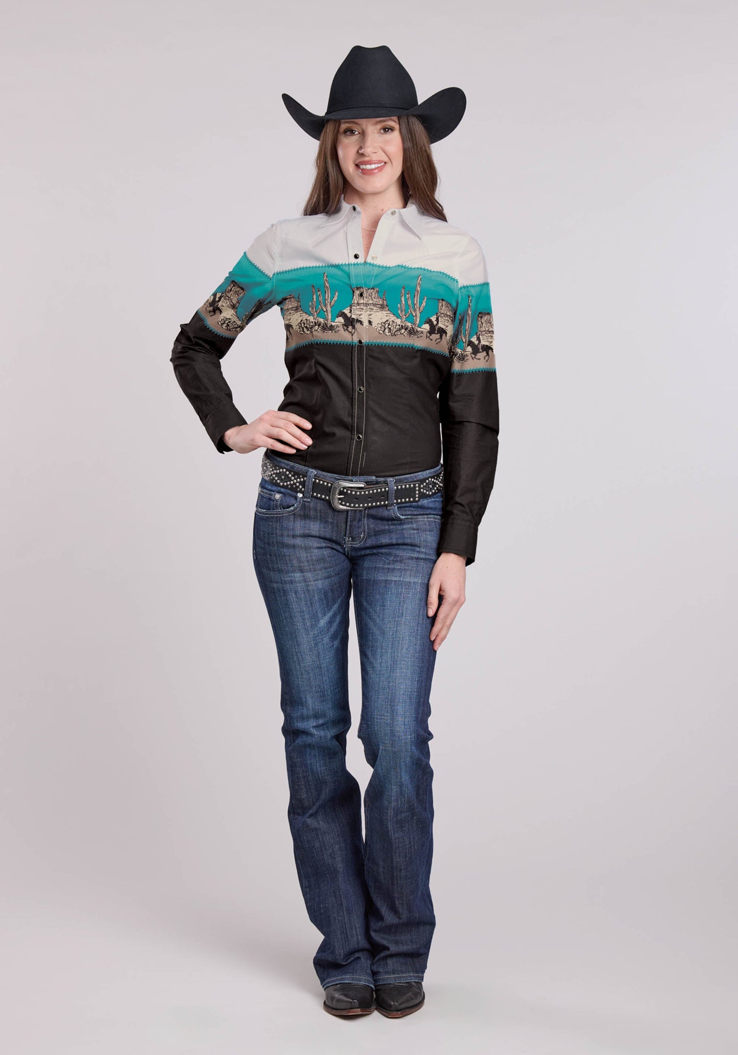 Roper Womens Long Sleeve Snap Scenic Border Western Shirt