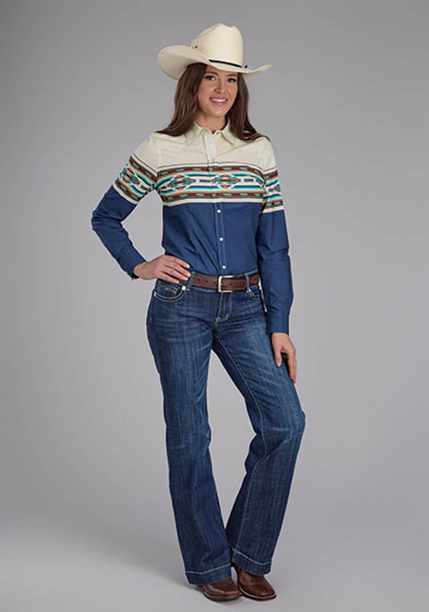 Roper Womens Vintage Aztec Border Long Sleeve Snap Western Shirt