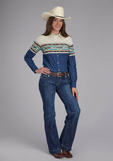Roper Womens Vintage Aztec Border Long Sleeve Snap Western Shirt