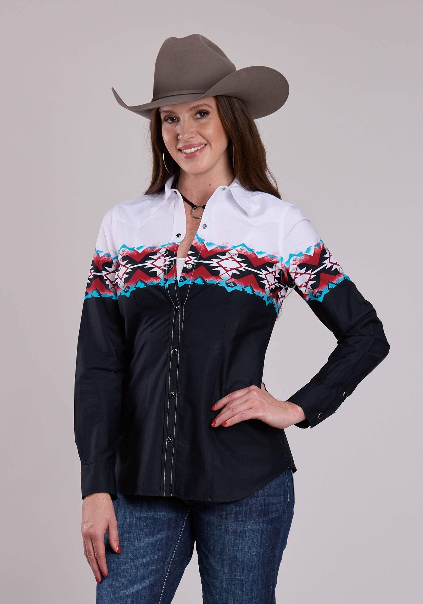Womens Roper Stampled Aztec Border Long Sleeve Snap Shirt - Roper - Flyclothing LLC
