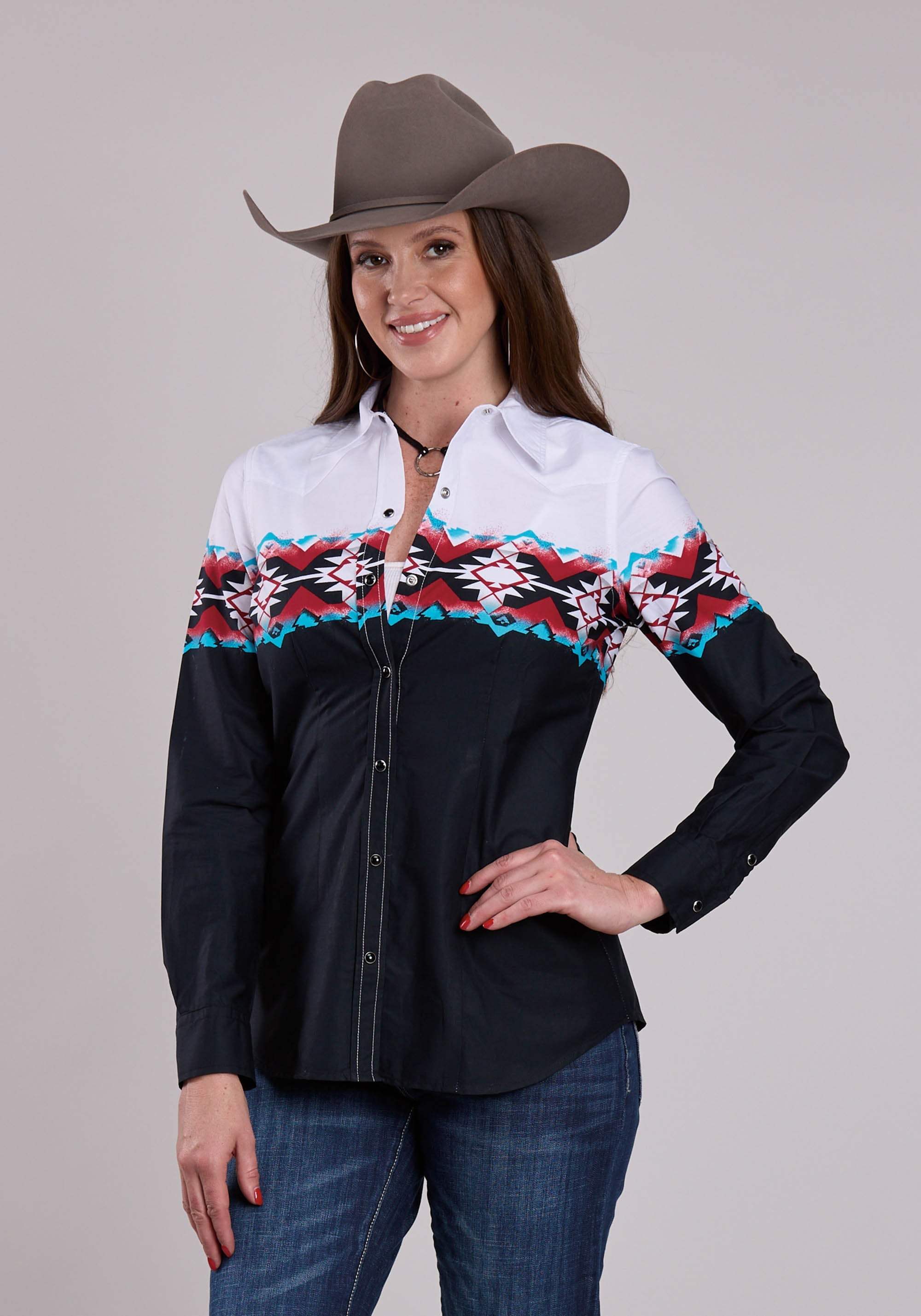 Womens Roper Stampled Aztec Border Long Sleeve Snap Shirt - Roper - Flyclothing LLC