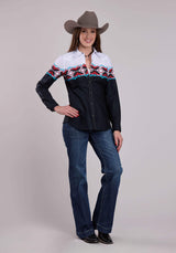 Womens Roper Stampled Aztec Border Long Sleeve Snap Shirt - Roper - Flyclothing LLC