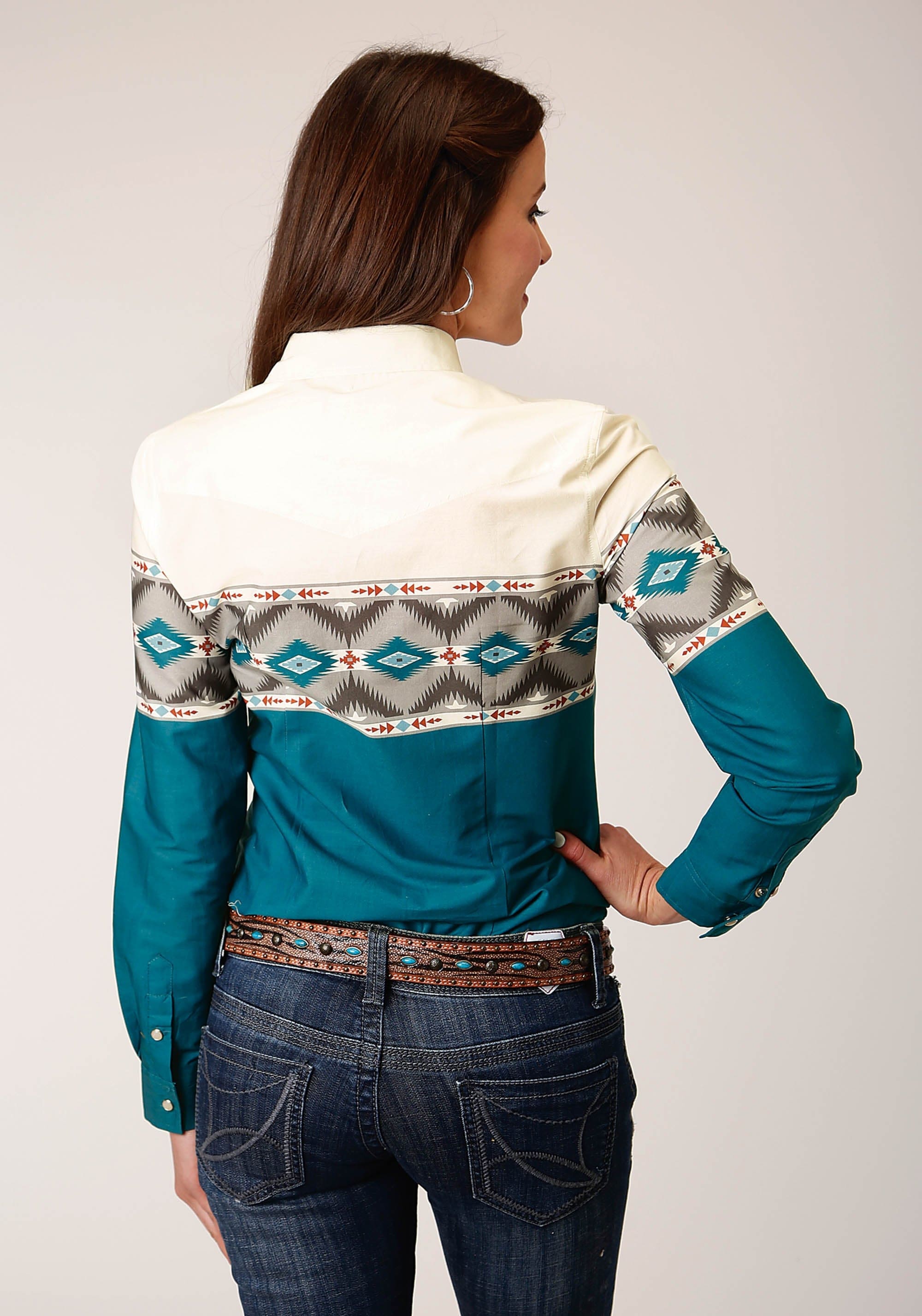 Roper Womens Long Sleeve Snap Sawtooth Border Western Shirt - Roper