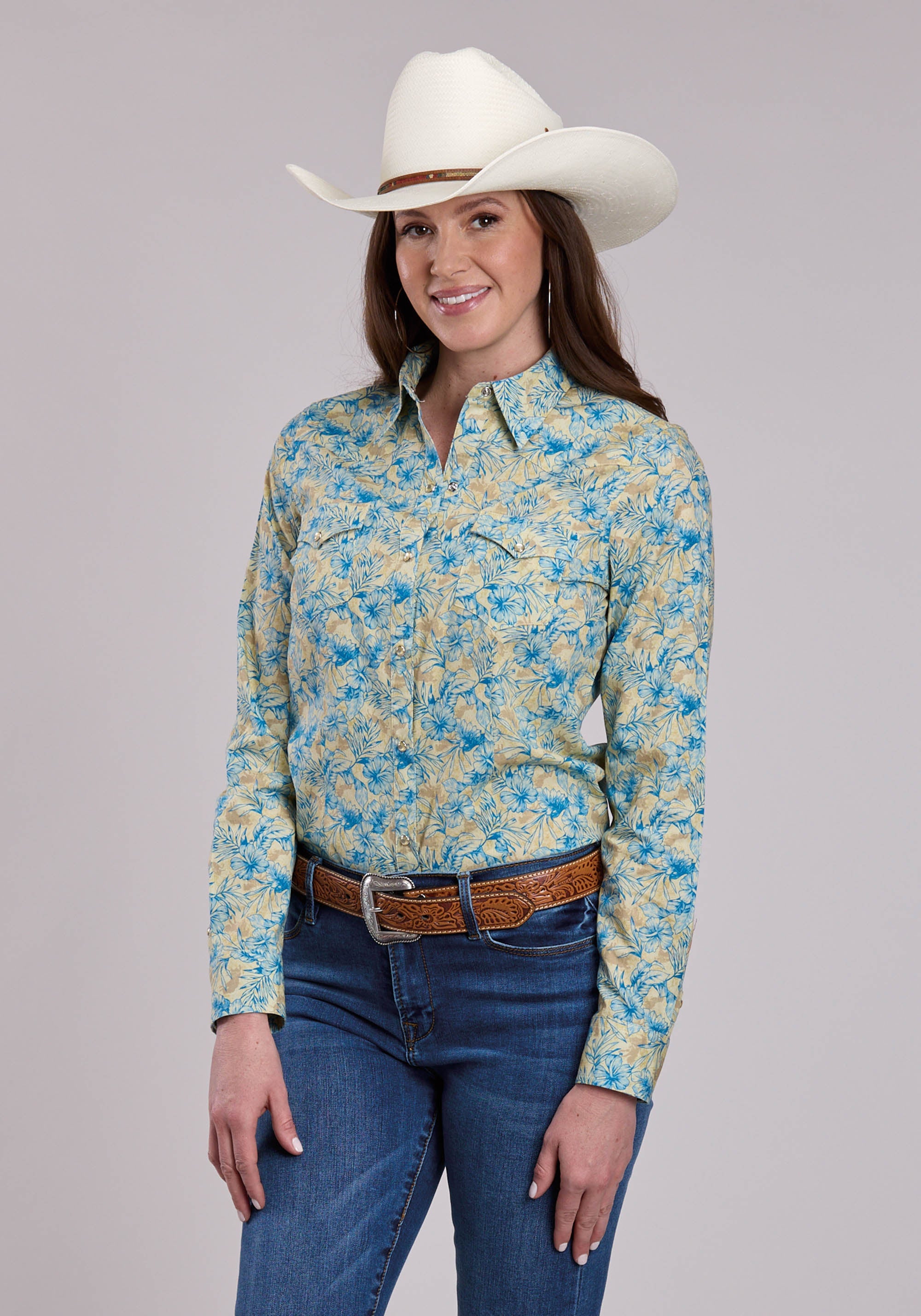 Womens Roper Hibiscus Dreams Print Long Sleeve Snap Shirt