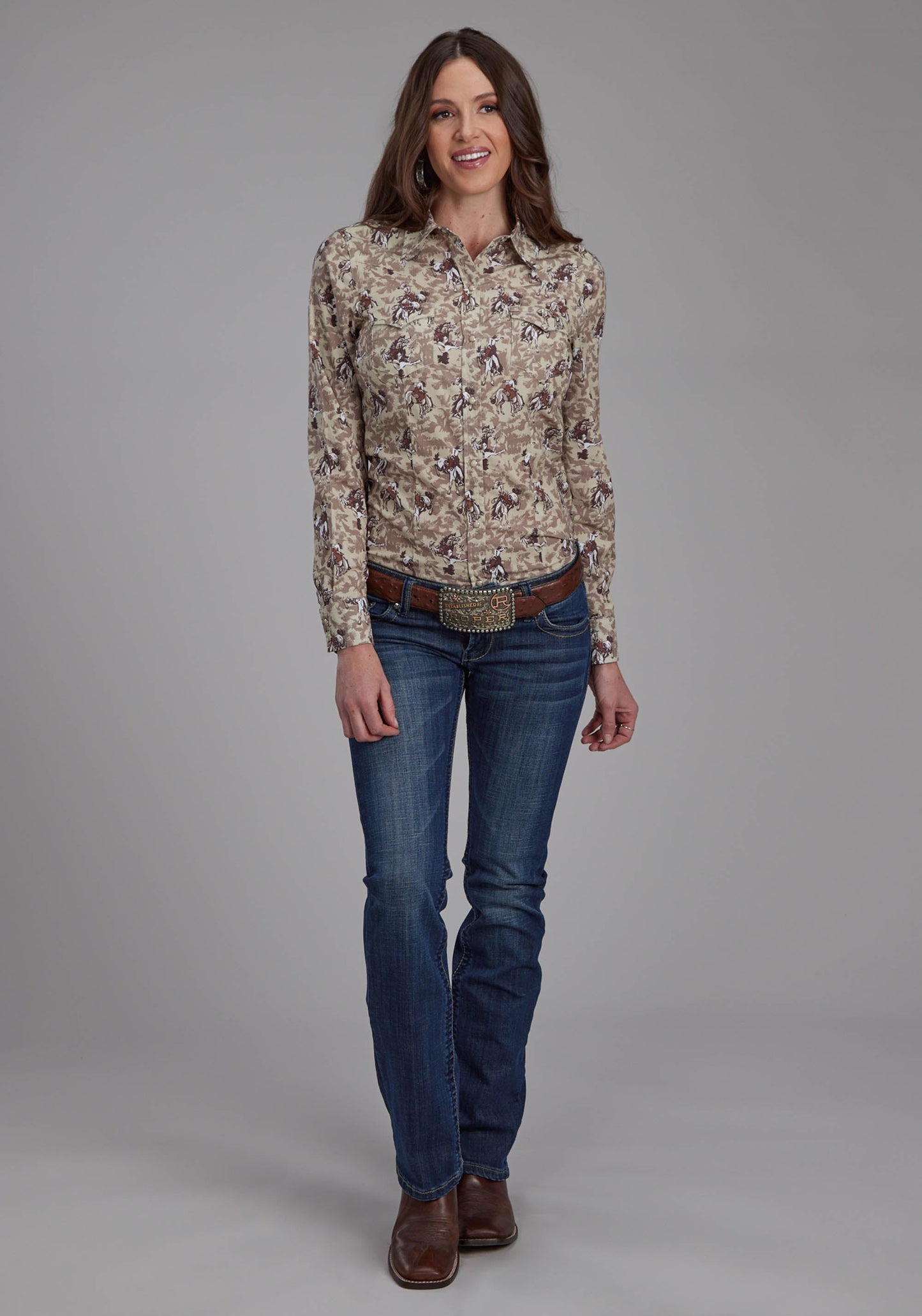 Roper Womens Brushstroke Cowboys Print Long Sleeve Snap Western Shirt