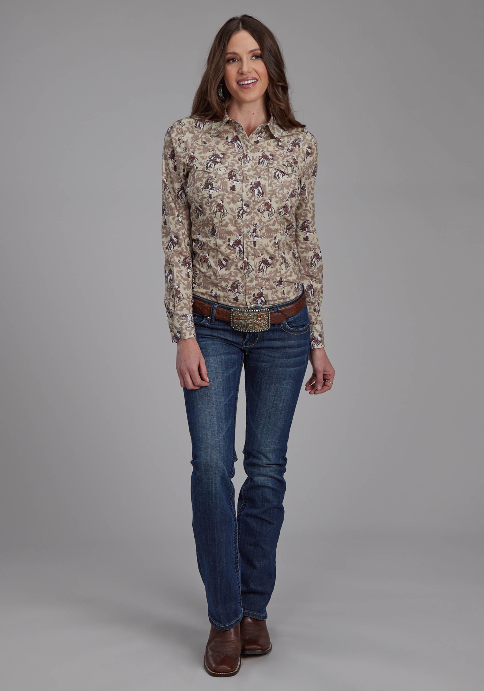 Roper Womens Brushstroke Cowboys Print Long Sleeve Snap Western Shirt