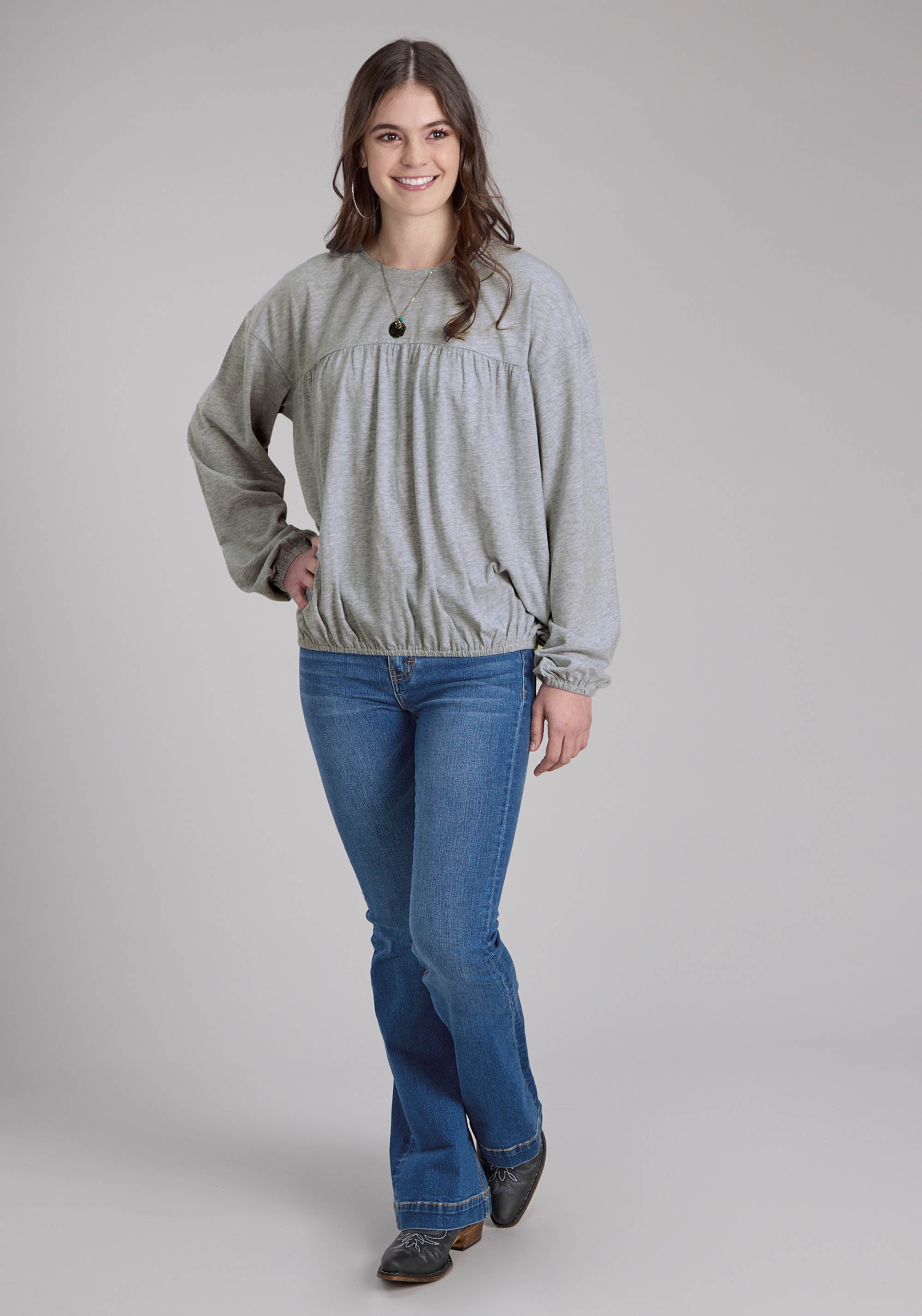 Roper Womens Heather Gray Long Sleeve Blouse Long Sleeve Pullover Western Shirt