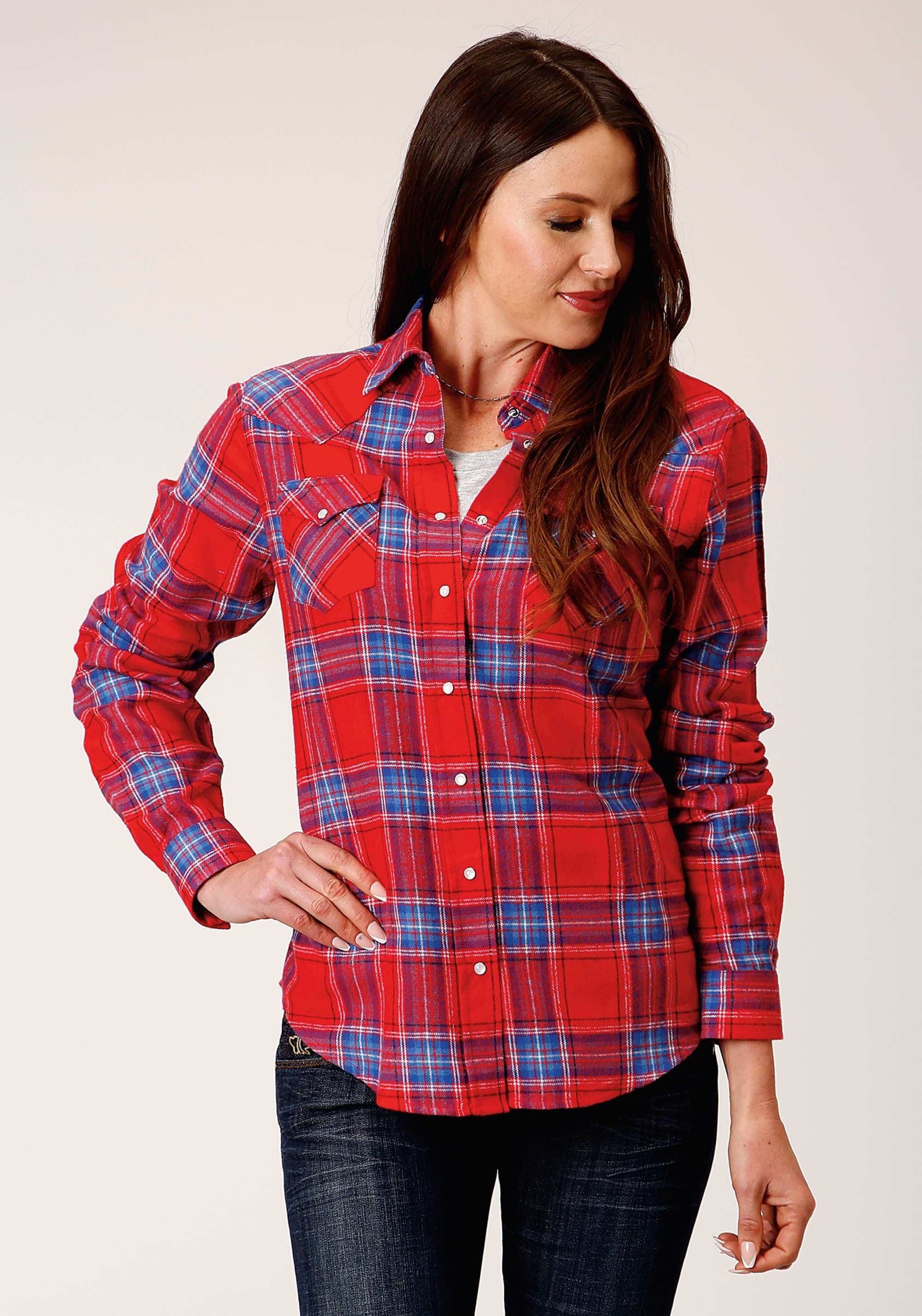 Roper Womens Long Sleeve Snap Coral Blue White Plaid Unlined Flannel Shirt Western Shirt - Roper - Flyclothing LLC