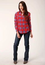 Roper Womens Long Sleeve Snap Coral Blue White Plaid Unlined Flannel Shirt Western Shirt - Roper - Flyclothing LLC