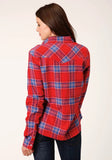 Roper Womens Long Sleeve Snap Coral Blue White Plaid Unlined Flannel Shirt Western Shirt - Roper
