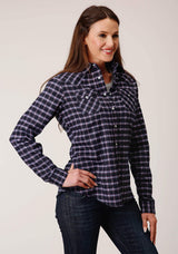 Roper Womens Long Sleeve Snap Navy Pink White Plaid Unlined Flannel Shirt Western Shirt - Roper - Flyclothing LLC