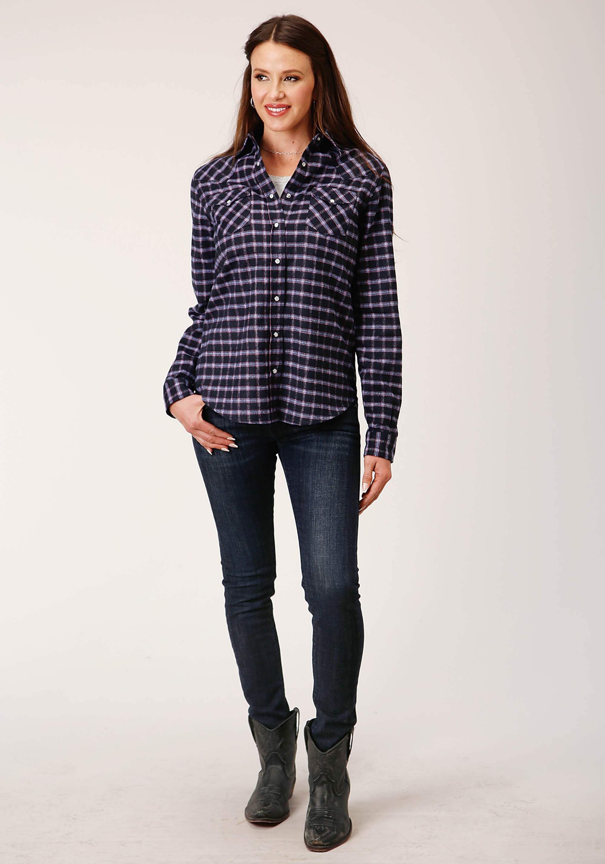 Roper Womens Long Sleeve Snap Navy Pink White Plaid Unlined Flannel Shirt Western Shirt - Roper - Flyclothing LLC