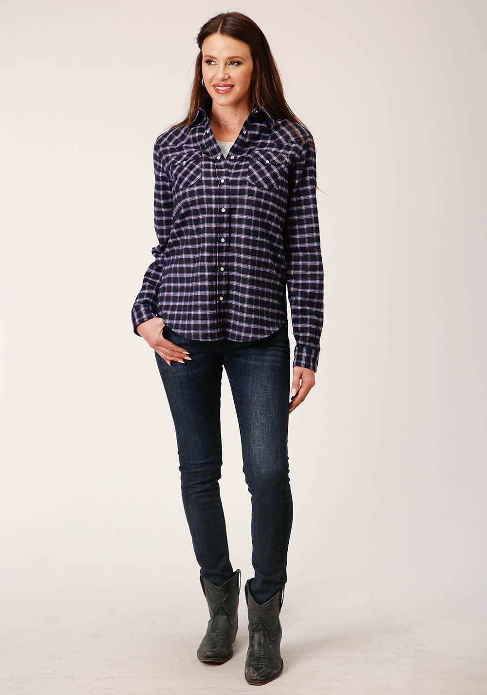Roper Womens Long Sleeve Snap Navy Pink White Plaid Unlined Flannel Shirt Western Shirt - Roper - Flyclothing LLC