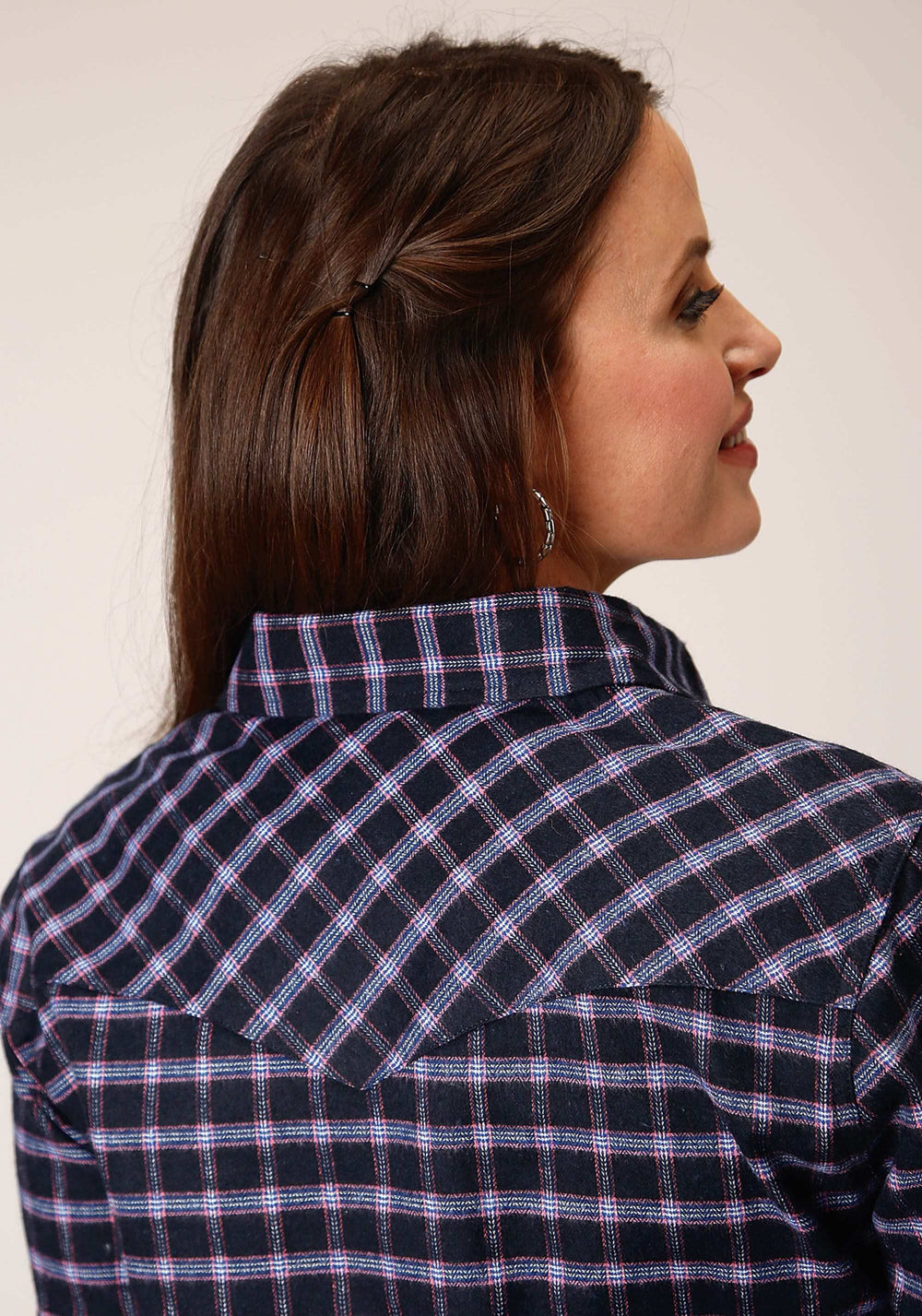 Roper Womens Long Sleeve Snap Navy Pink White Plaid Unlined Flannel Shirt Western Shirt - Roper - Flyclothing LLC