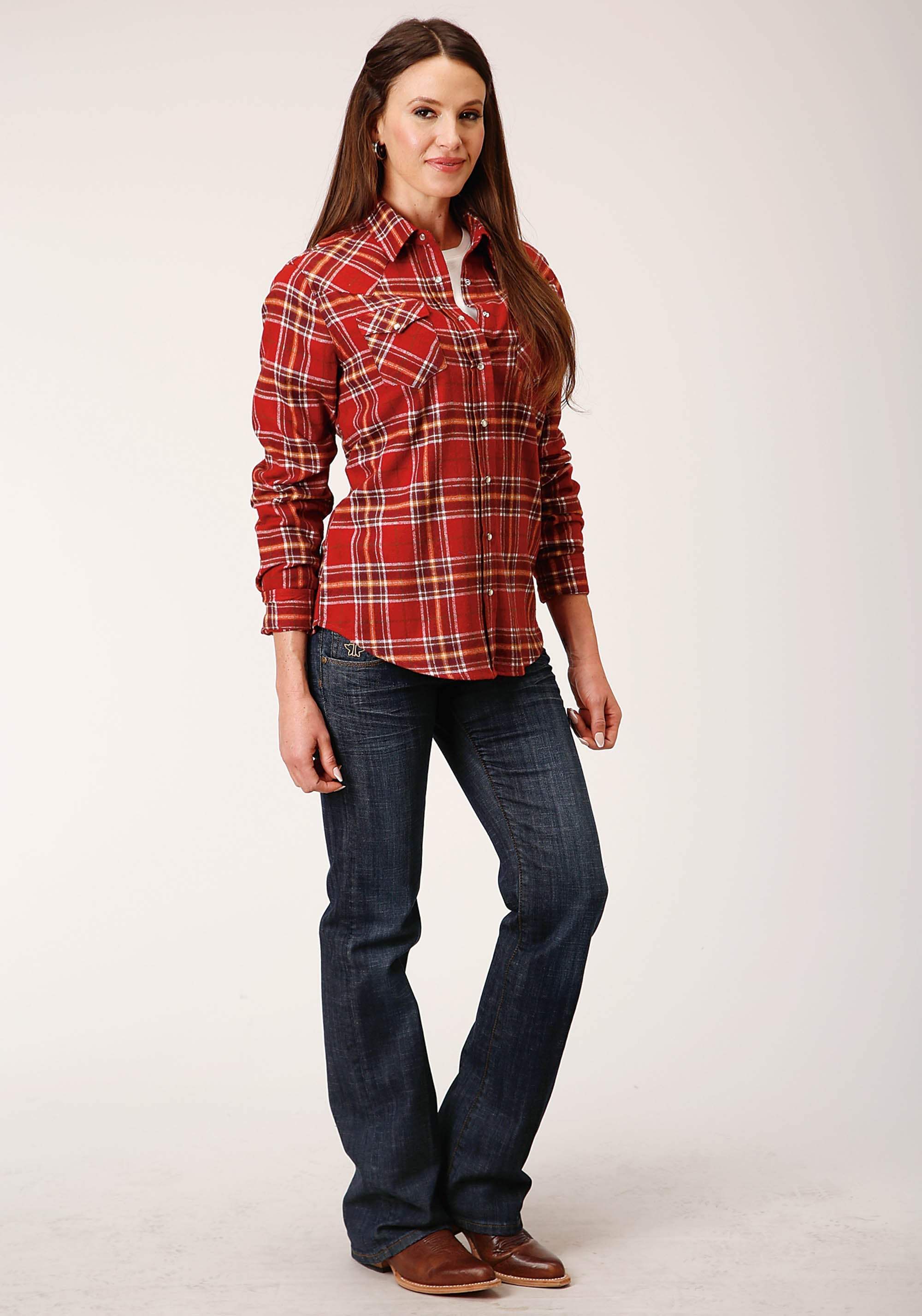 Roper Womens Long Sleeve Snap Rust Wine Gold Plaid Unlined Flannel Shirt Western Shirt - Roper - Flyclothing LLC