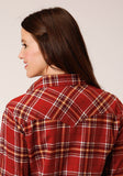 Roper Womens Long Sleeve Snap Rust Wine Gold Plaid Unlined Flannel Shirt Western Shirt - Roper