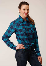 Roper Womens Long Sleeve Snap Turquoise Navy Plaid Unlined Flannel Shirt Western Shirt - Roper - Flyclothing LLC