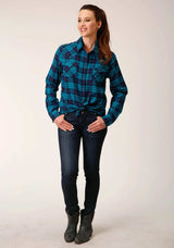 Roper Womens Long Sleeve Snap Turquoise Navy Plaid Unlined Flannel Shirt Western Shirt - Roper - Flyclothing LLC