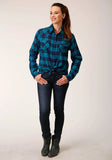 Roper Womens Long Sleeve Snap Turquoise Navy Plaid Unlined Flannel Shirt Western Shirt - Roper