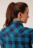 Roper Womens Long Sleeve Snap Turquoise Navy Plaid Unlined Flannel Shirt Western Shirt - Roper
