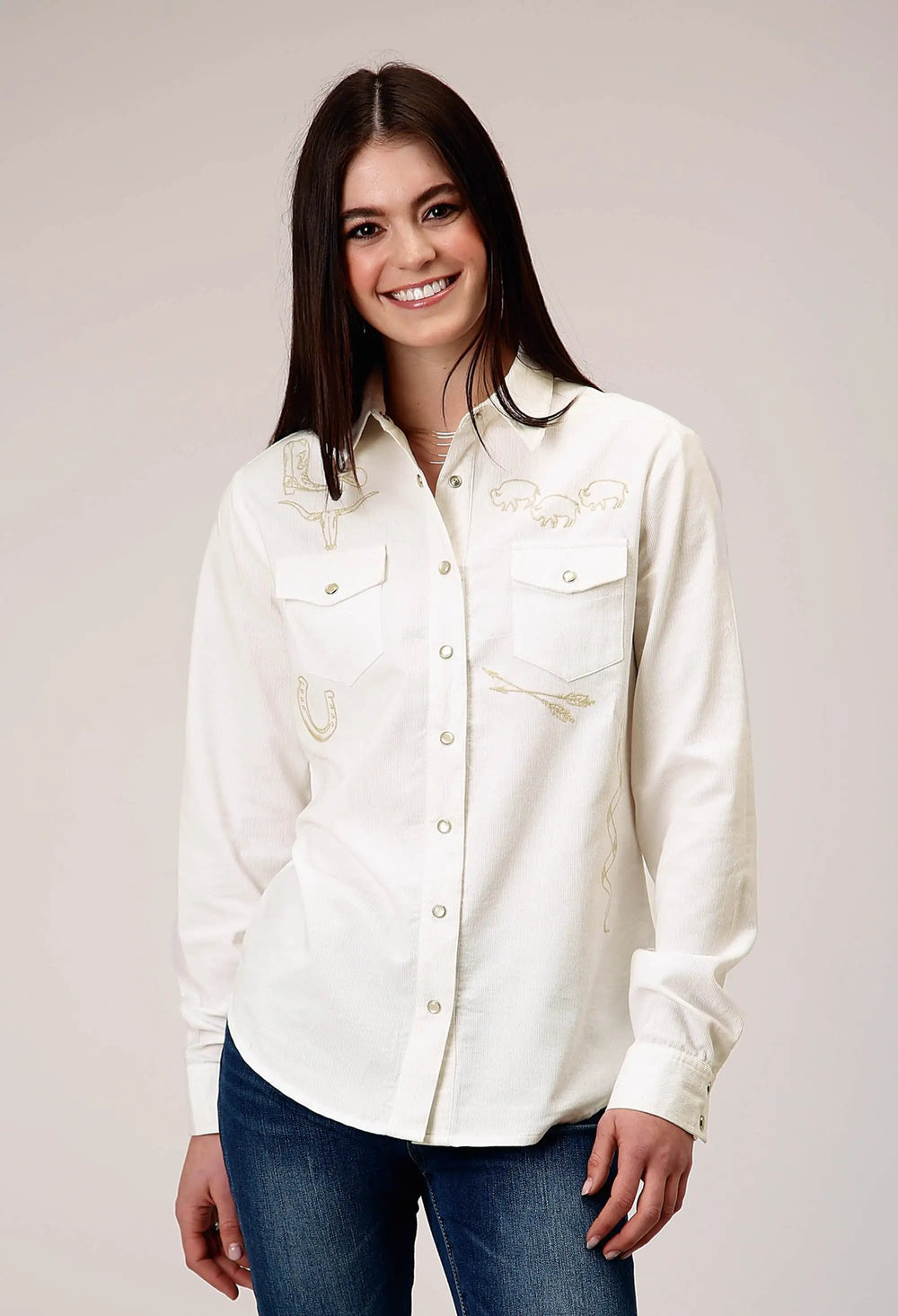 Roper Womens Long Sleeve Snap Cream Corduroy Western Blouse With Embroidery Decoration - Roper