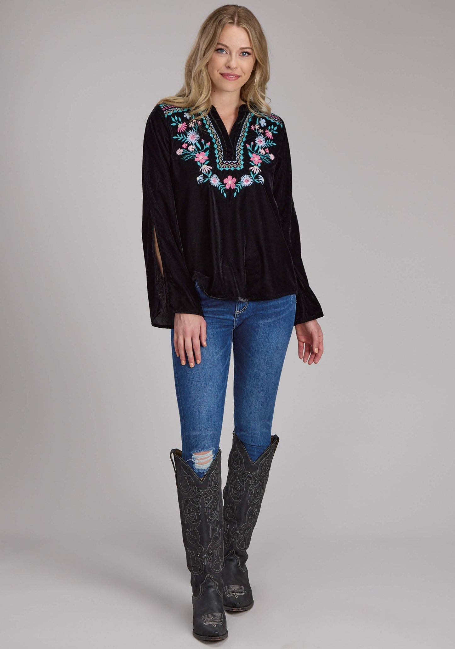Roper Womens Poly Velvet Peasant Blouse Long Sleeve Pullover Western Shirt - Roper - Flyclothing LLC