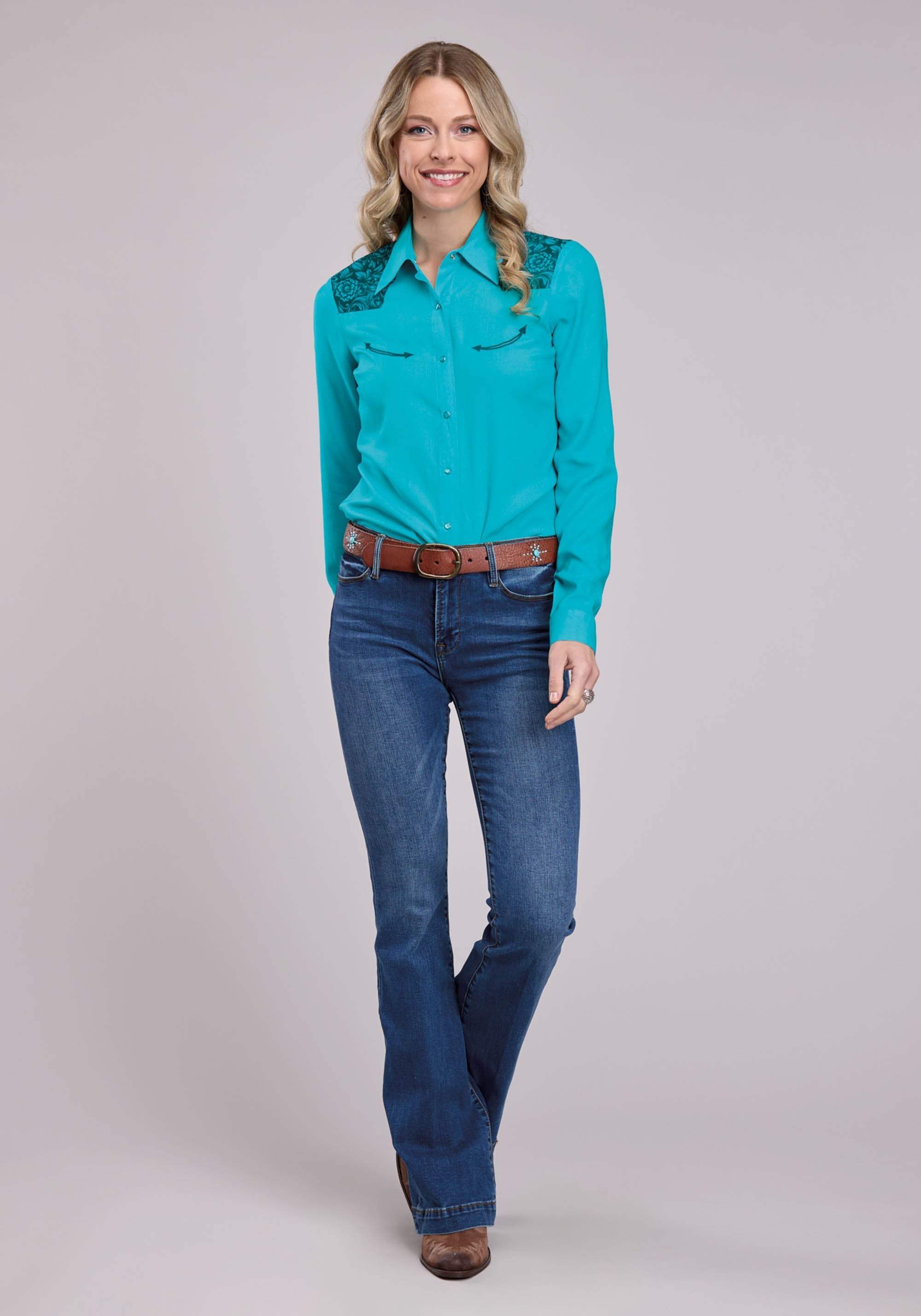 Roper Womens Long Sleeve Snap Turq Rayon Challis Western Shirt - Roper - Flyclothing LLC