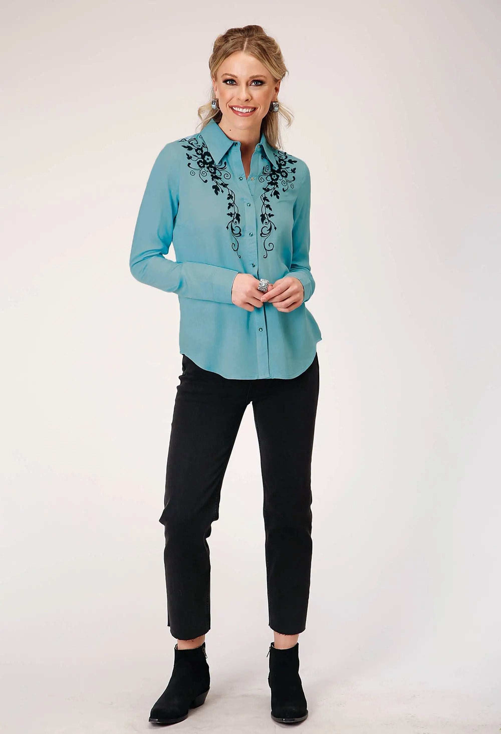 Roper Womens Long Sleeve Button Rayon Challis Blousen Western Shirt With Embroidery On Front And Sleeves - Roper - Flyclothing LLC