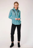 Roper Womens Long Sleeve Button Rayon Challis Blousen Western Shirt With Embroidery On Front And Sleeves - Roper