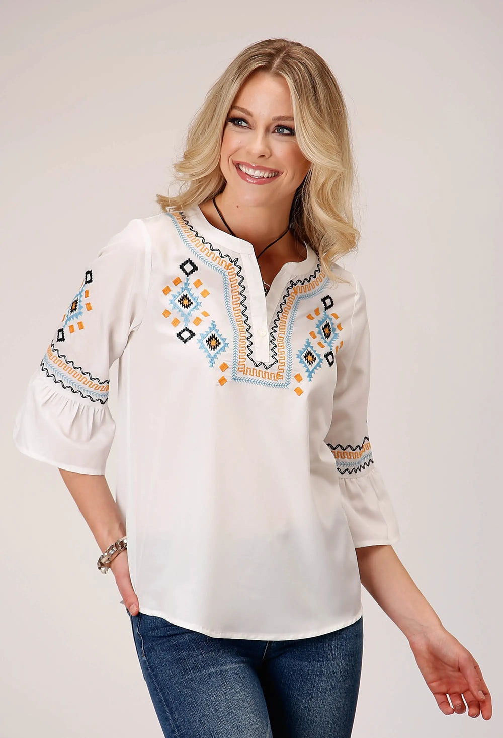 Roper Womens Long Sleeve Pullover Poly Crepe V Neck Peasant Western Blouse With Three Quarter Bell Sleeves Embroidery - Roper