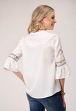 Roper Womens Long Sleeve Pullover Poly Crepe V Neck Peasant Western Blouse With Three Quarter Bell Sleeves Embroidery - Roper