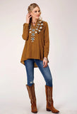 Roper Womens Long Sleeve Pullover Poly Velvet V Neck Tunic Western Shirt With Embroidery - Roper
