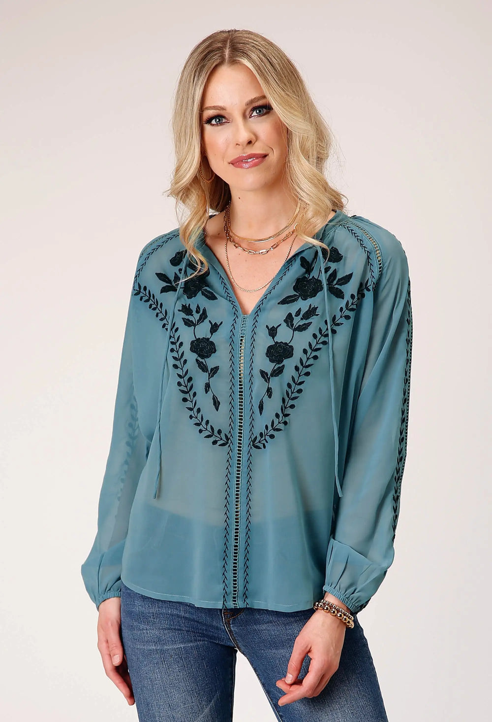 Roper Womens Long Sleeve Pullover Poly Georgette Peasant Western Blouse With Stand Collar With Selfront Tie Embroidery - Roper