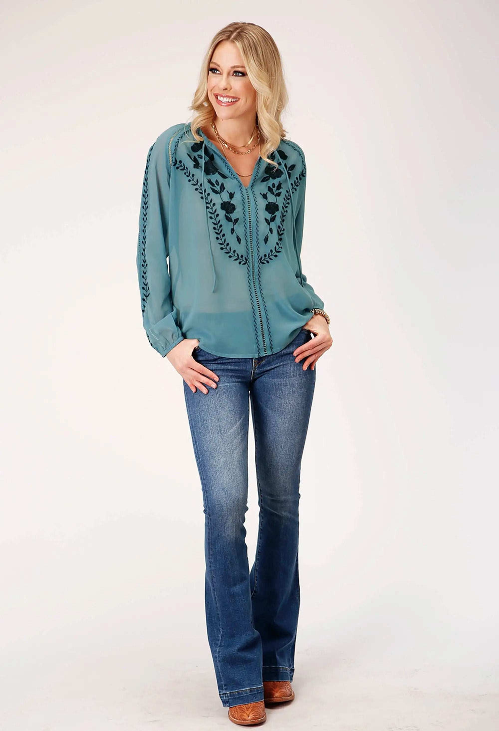 Roper Womens Long Sleeve Pullover Poly Georgette Peasant Western Blouse With Stand Collar With Selfront Tie Embroidery - Roper - Flyclothing LLC