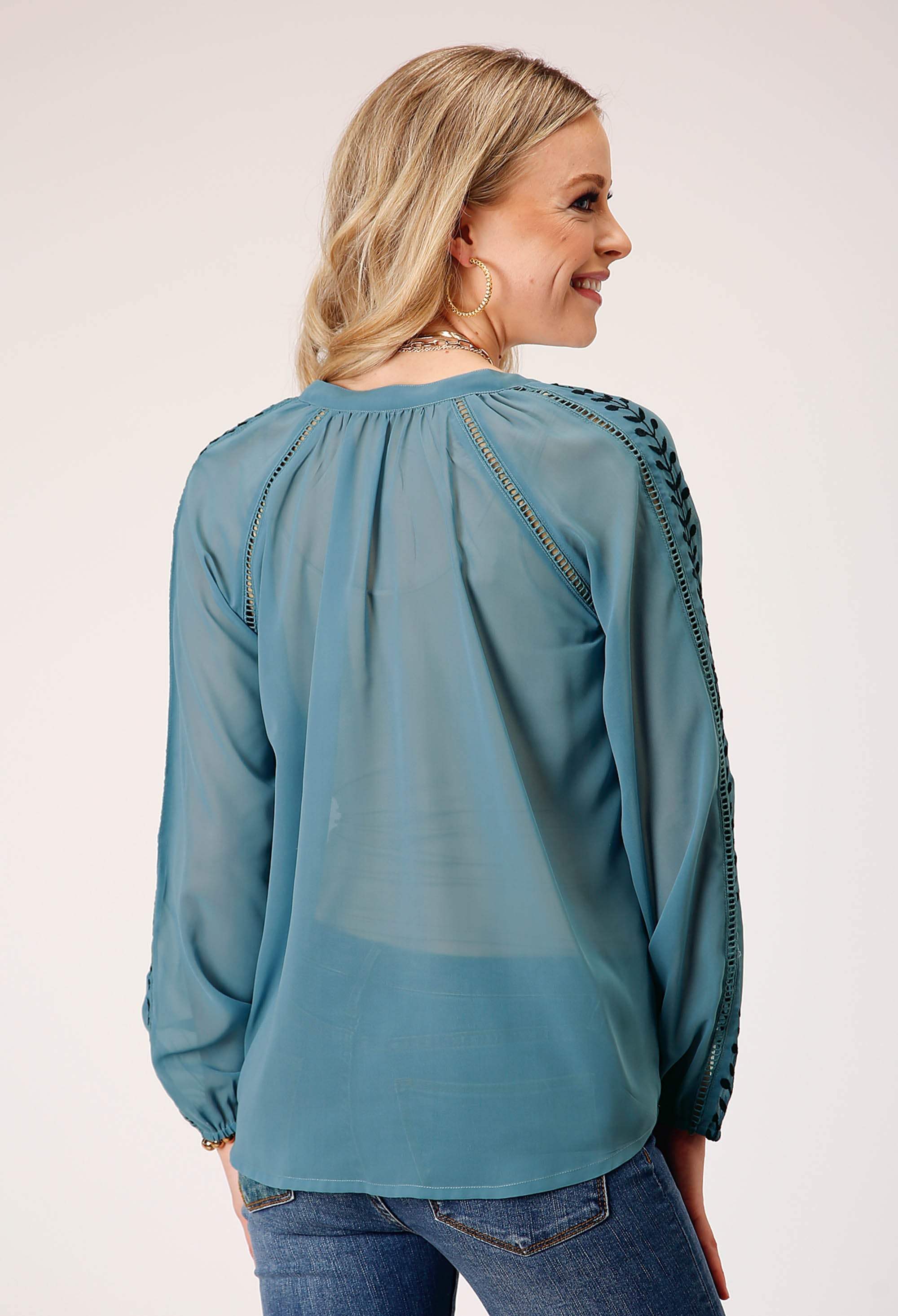 Roper Womens Long Sleeve Pullover Poly Georgette Peasant Western Blouse With Stand Collar With Selfront Tie Embroidery - Roper - Flyclothing LLC