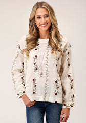 Roper Womens Long Sleeve Cotton Slub Boat Neck  Blouse - Roper