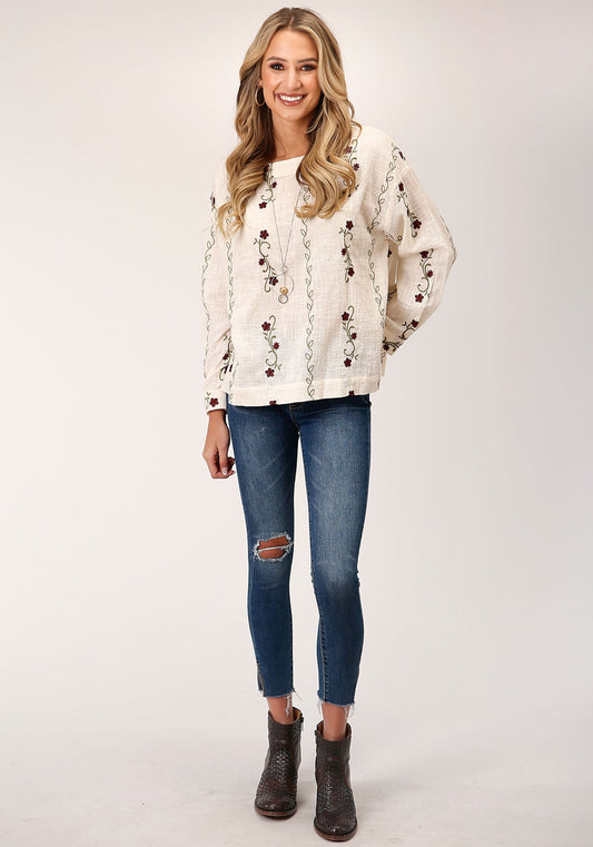 Roper Womens Long Sleeve Cotton Slub Boat Neck  Blouse - Roper