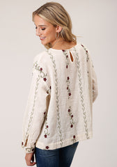 Roper Womens Long Sleeve Cotton Slub Boat Neck  Blouse - Roper