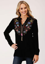 Roper Womens Long Sleeve Black Velvet Tunic Top Blouse - Roper - Flyclothing LLC