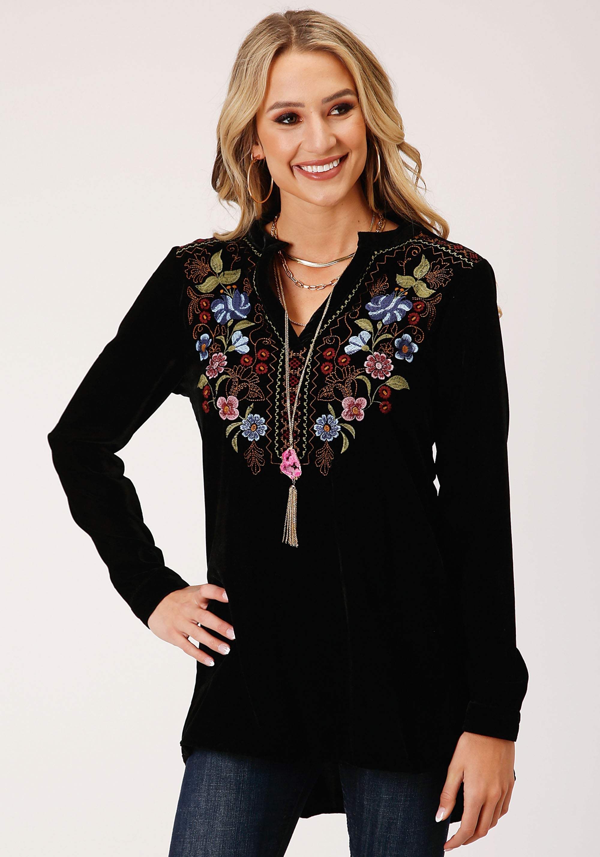 Roper Womens Long Sleeve Black Velvet Tunic Top Blouse - Roper - Flyclothing LLC