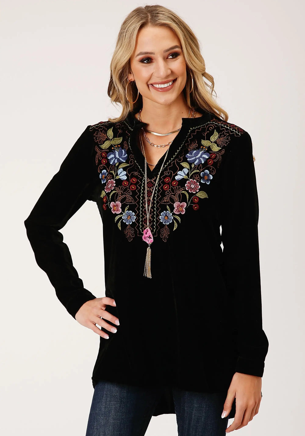 Roper Womens Long Sleeve Black Velvet Tunic Top Blouse - Roper