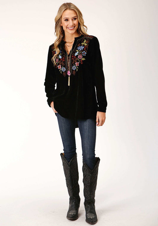 Roper Womens Long Sleeve Black Velvet Tunic Top Blouse - Roper - Flyclothing LLC