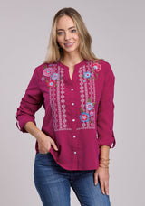 Womens Roper Raspberry Poly Crepe Long Sleeve Button Blouse
