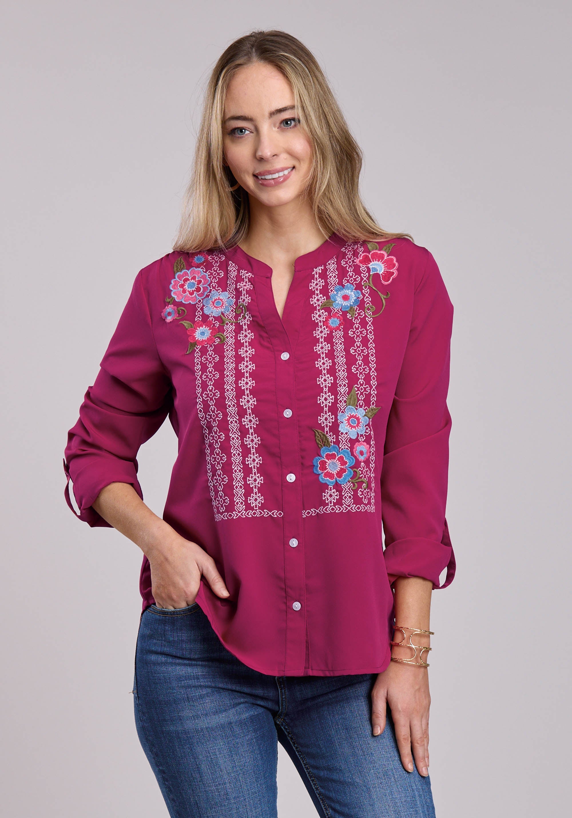 Womens Roper Raspberry Poly Crepe Long Sleeve Button Blouse