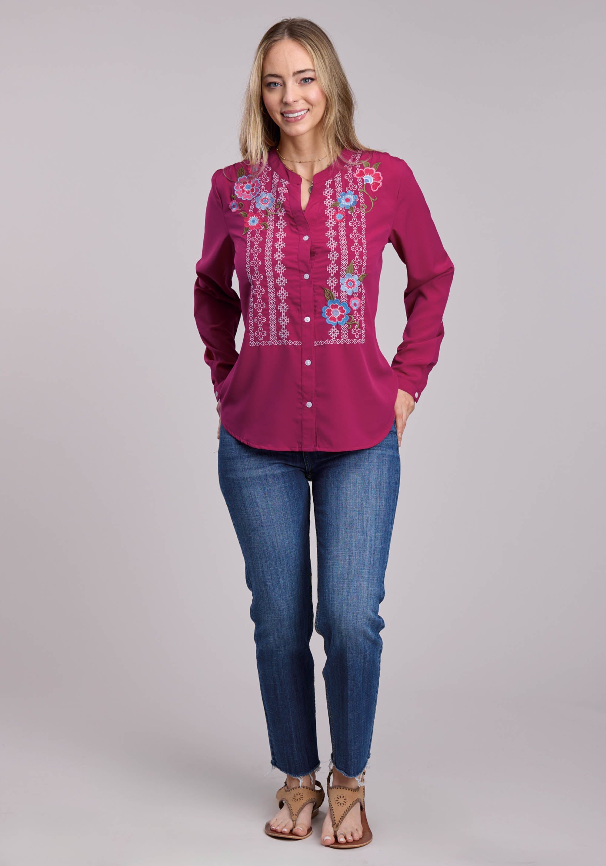 Womens Roper Raspberry Poly Crepe Long Sleeve Button Blouse
